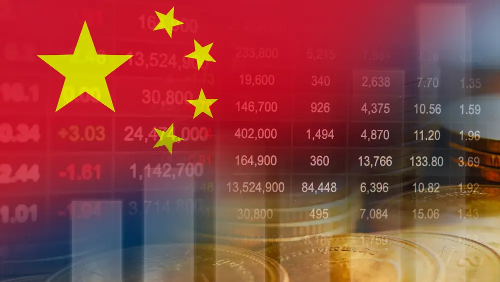 Illustration of the China flag overlaid on financial market charts