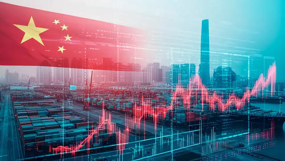 China flag overlaid on a shipping port and city skyline