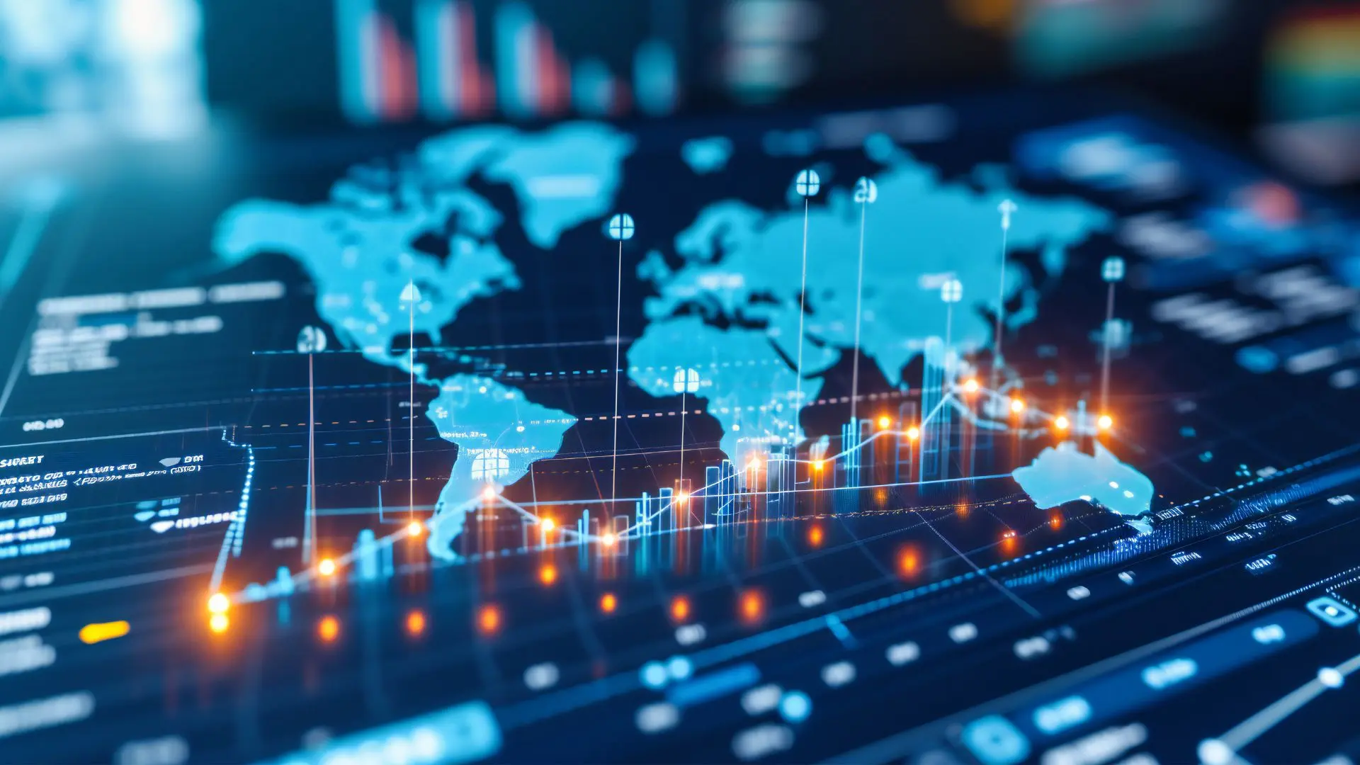 Global financial market dashboard displaying a digital world map with market data overlays, trading charts, and glowing indicators representing macroeconomic and commodity market movements.