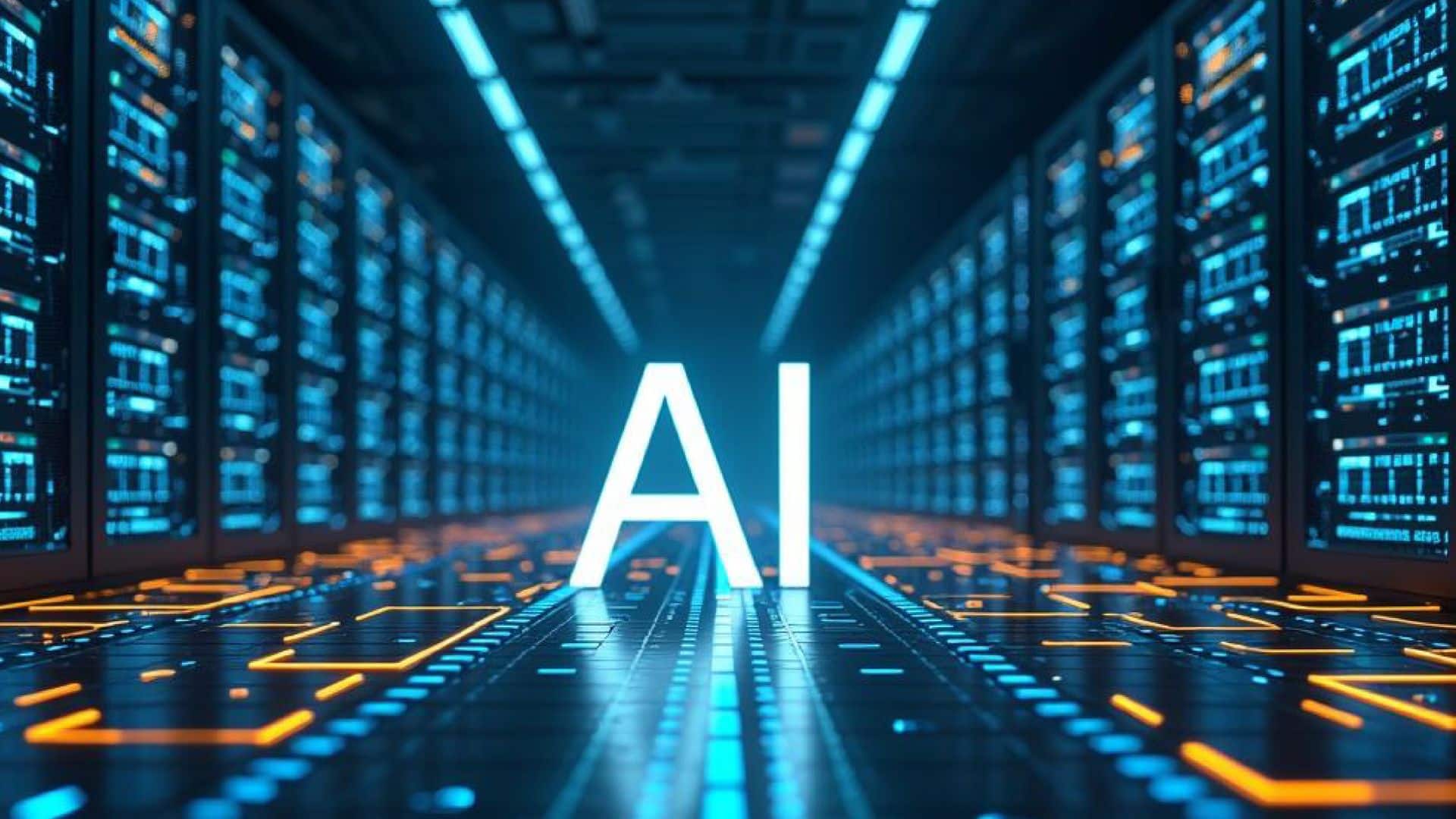 A futuristic data center corridor lined with illuminated server racks, featuring a glowing "AI" sign in the center, symbolizing artificial intelligence infrastructure, computing power, and advanced digital technology.